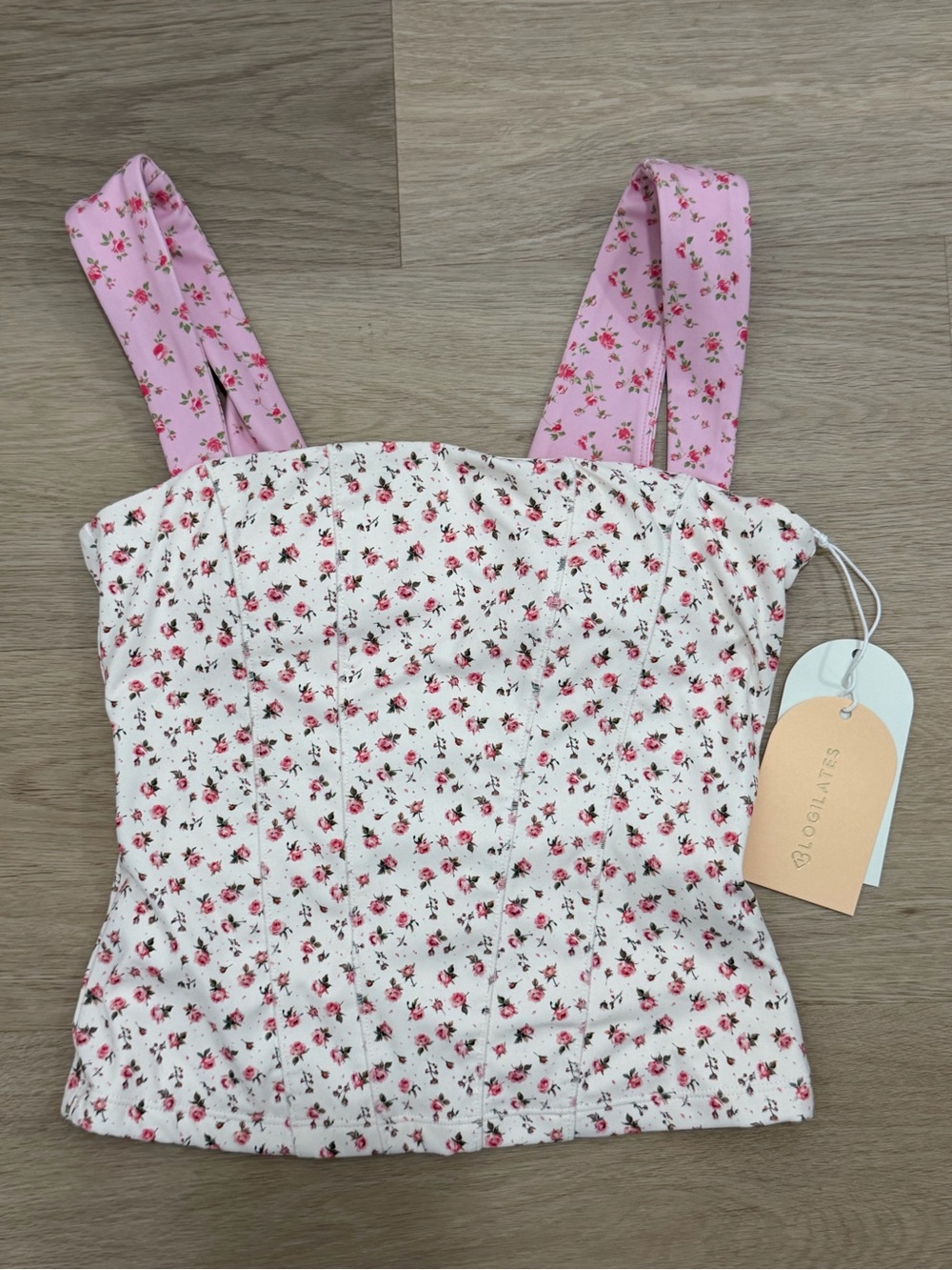 Floral Corset Tank Top with Pink Straps - 2Tone Rose Print